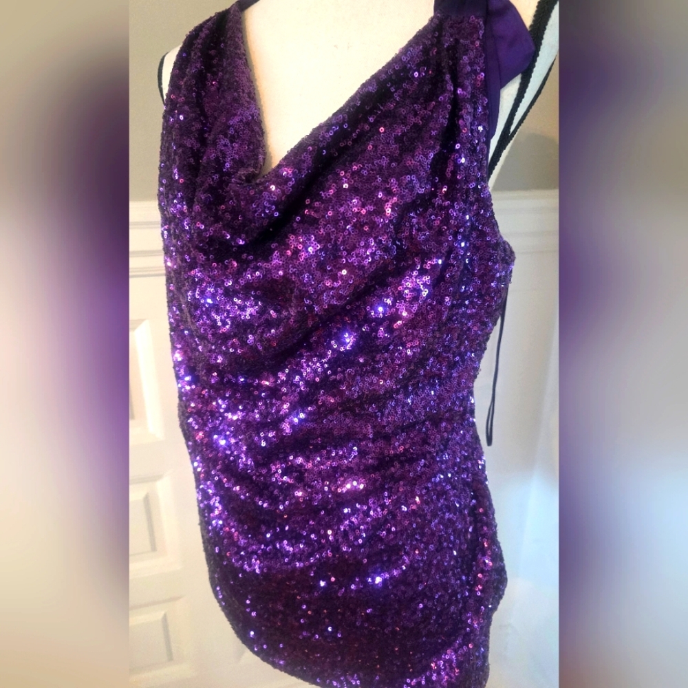 Jennifer Lopez purple sequin cowl neck blouse size Xl 💜